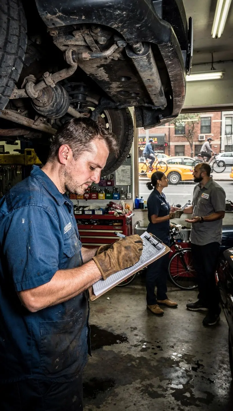 Professional technician explaining suspension repair process to a customer inside the workshop
