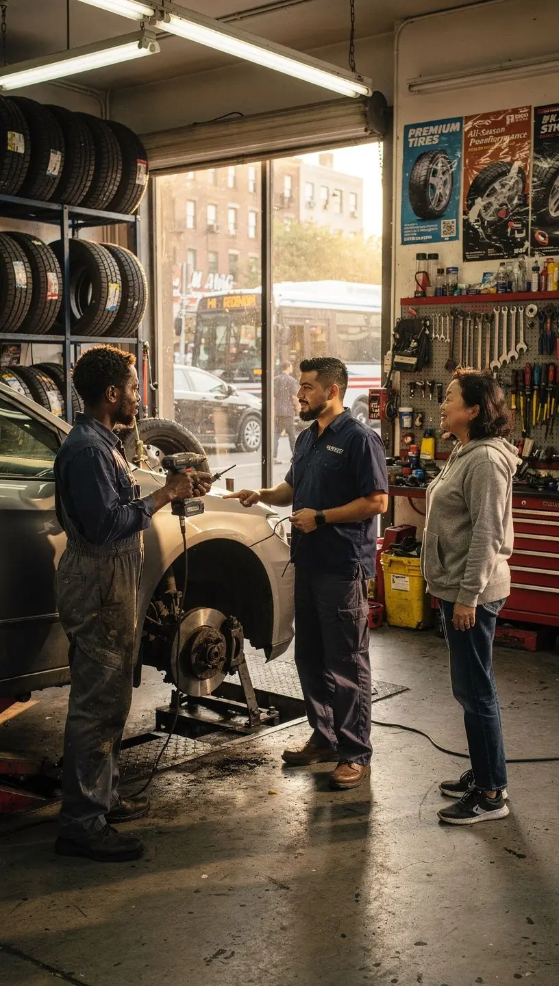 Mechanic adjusting alignment on a vehicle to optimize performance for city driving challenges